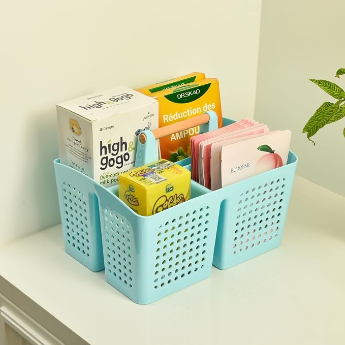Portable Shower Caddy Basket with Wood Handle, 3-Compartment Bathroom Organizer Tote with Drain Holes, Plastic Shower Basket for Dorm, Toiletries, Cleaning Supplies, Dark Gray