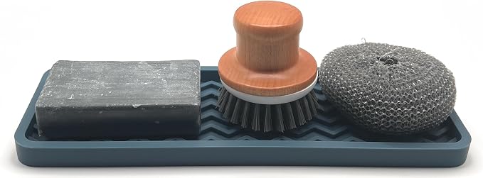 Silicone Sink Organizer Tray, Rectangular, Modern Style, Heat Safe, Dishwasher Safe, for Bathroom and Kitchen Organization (Smoky Blue, 12"x4", Chevron Pattern)