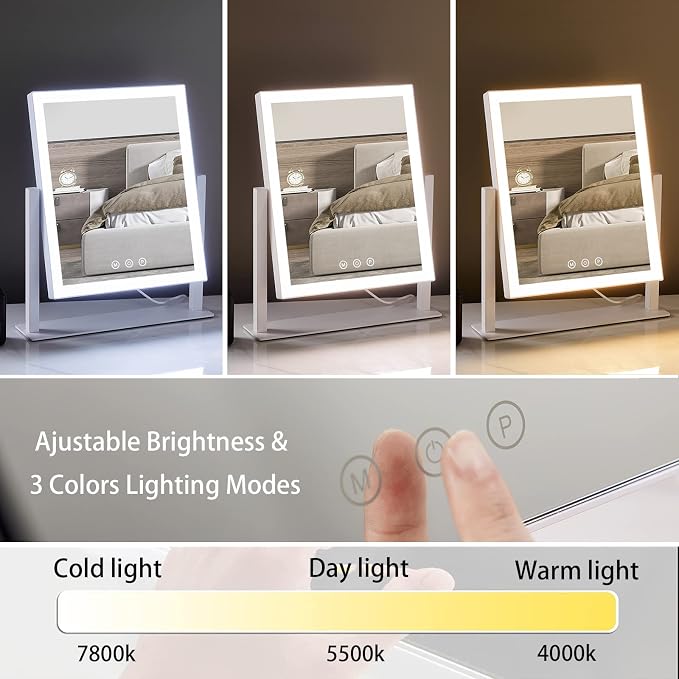 HIEEY Lighted Makeup Mirror, 14.1" x 12.1" Hollywood Vanity Mirror with Lights, Three Color Lighting Modes, and 5X Magnification Mirror, Smart Touch Control, 360°Rotation (White,Gift Box)