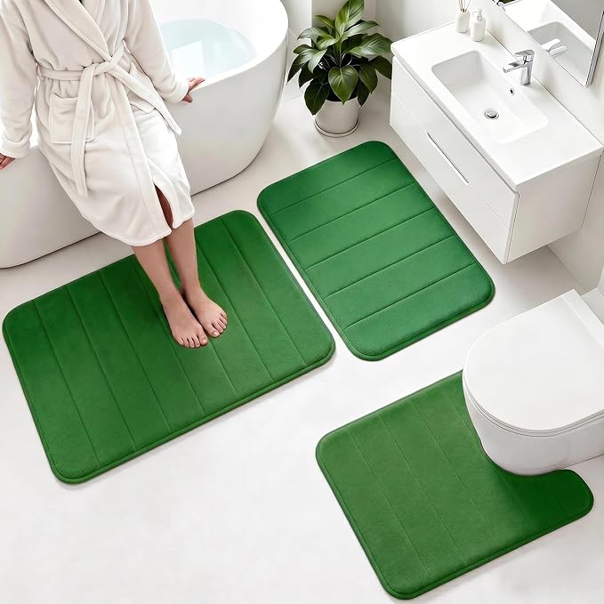 Memory Foam Bath Mat Set 3 Piece，Super Soft Absorbent Bathroom Rug Non Slip, Quick Dry,Machine Wash, Perfect Plush Bathroom Rugs,Home Decor Accessories,Dark Green