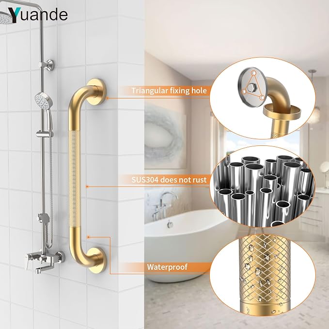 20 Inch Brushed Gold Shower Grab Bar with Anti-Slip Knurled Grip,YuanDe Stainless Steel Bathroom Grab Bars，Shower Handrail Support, Handicap Elderly Balance Assist Handles