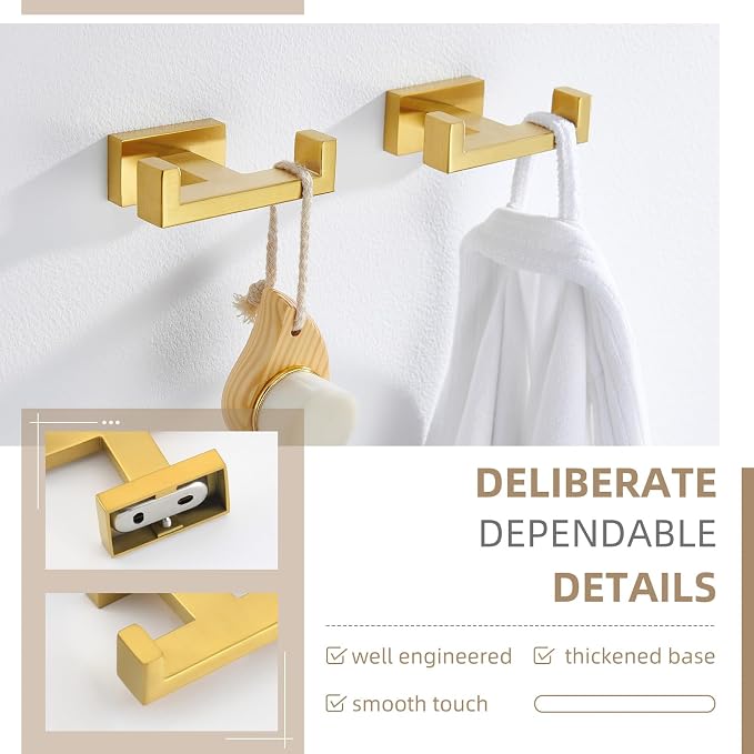 Angle Simple Double Towel Hook Brushed Dark Gold 2 PCS, SUS304 Stainless Steel Bathroom Hand Towel Holder, Double Robe Hook for Wall