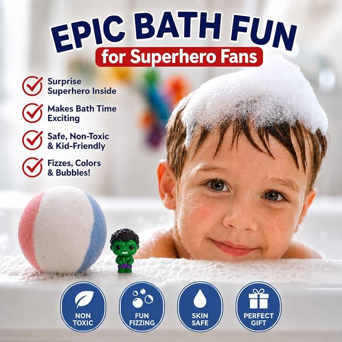 EvolutionUSA 6pc Epic Superhero Bath Bombs for Kids – Childrens Super Hero Bath Bombs Toy Inside, Organic Bathbomb with Surprise, Superhero Bath Fizzers, Fun Bathbombs Easter, Christmas, Birthday