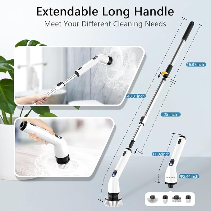 Electric Spin Scrubber,8 Replaceable Brush Heads for Home | IPX7 waterproof power scrubber with LCD display, multi heads, extendable handle, 90min runtime for bathroom kitchen glass car