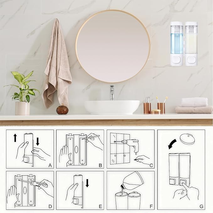2-Chamber 10oz/300ML White Plastic Hand Wall Mounted Soap Dispensers | Refillable Shampoo Conditioner Shower Dispenser No Drill, Clear Manual Pump Dispenser for Bathroom Hotel Kitchen