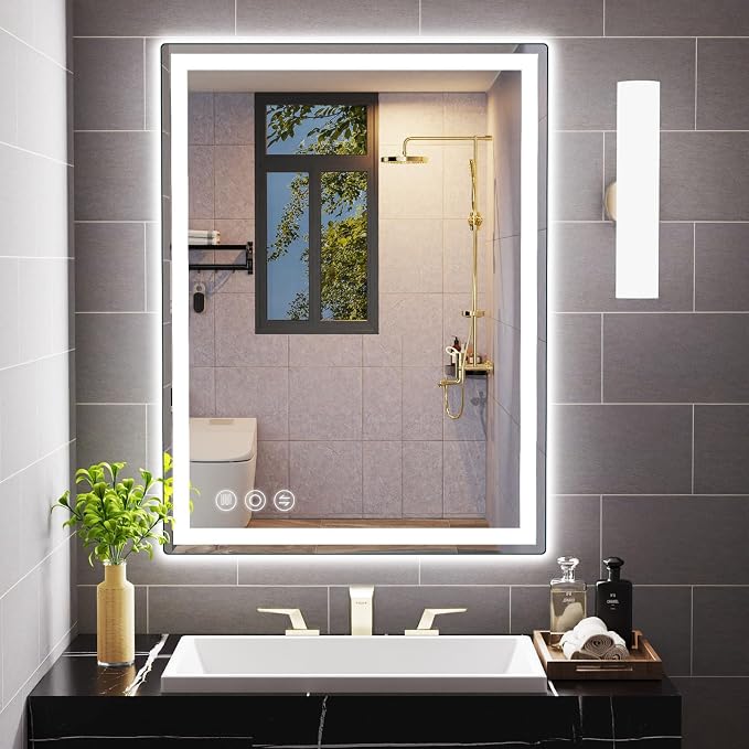 Memobarco 28" x 36" LED Bathroom Mirror with Lights, Memory Vanity Mirror | Anti-Fog, 3 Color Modes, Dimmable, Front Lit, Memory Function, Tempered Glass, Lighted Bathroom Mirror for Wall