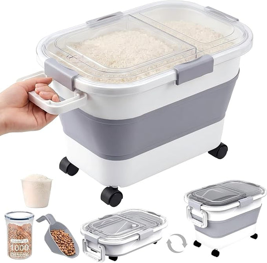 30 Lbs Rice Container, Collapsible Dog Food Storage Container | Airtight Cat Food Container with Wheels, Transparent Lid, Measuring Cup, Scoop and Handle, BPA Free for Pet Food, Bird Seed