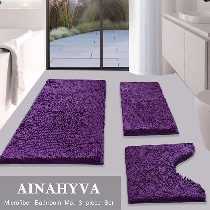 Bathroom Rugs Chenille Bath mat 3 Piece Set, Super Absorbent, Strong PVC Non Slip Backing, Bath mats for Bathroom, Plush Shaggy, Thick, Machine Washable, Bathtub, Shower, Toilet, Violet