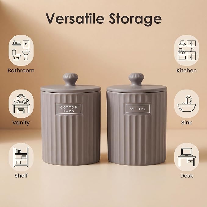 Ronasip Ceramic Bathroom Organizer and Storage Jars with Lid, 2 Pack Qtip Holder and Cotton Pad Dispenser, Apothecary Canisters for Vanity, Kitchen Countertop, Home Decor (2, Gray)