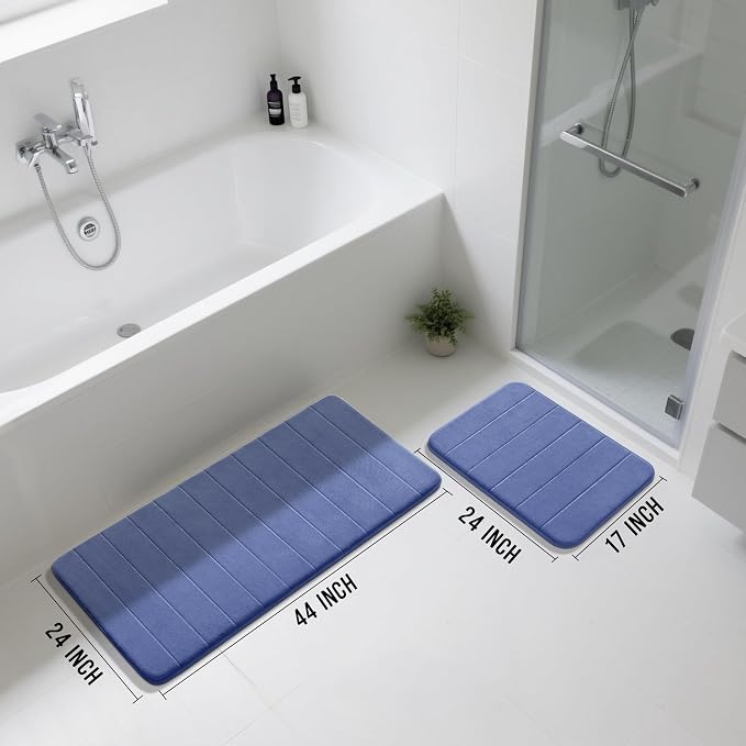 Yimobra Large Bath Mat Set 2 Piece- Super Soft Absorbent Quick Dry Memory Foam Bathroom Rugs, Machine Washable Non Slip Floor Carpet for Tub Shower & Double Vanity (17x24 & 44x24, Navy Blue)