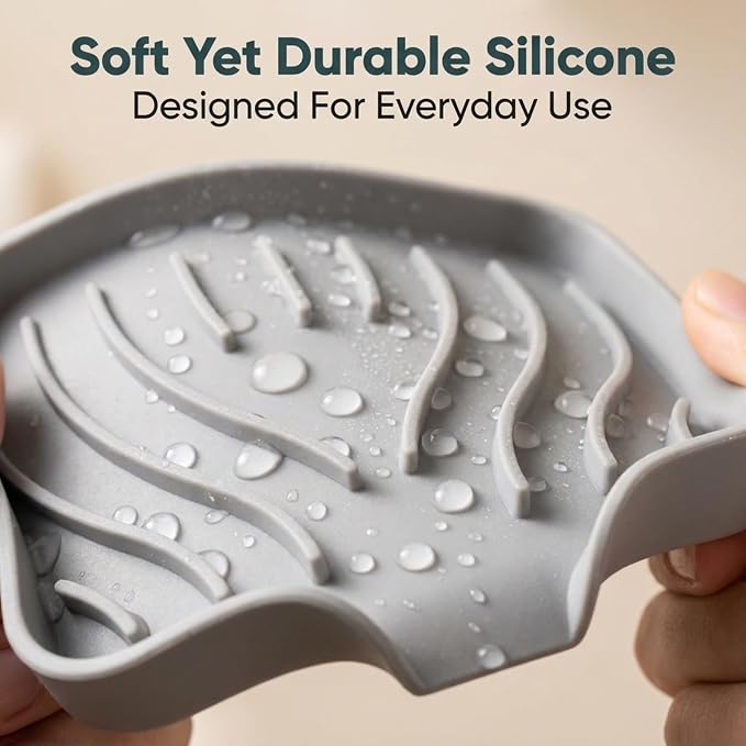 Self Draining Soap Dish with Drain Spout - Bar Soap Holder for Bathroom & Kitchen Sink - Flexible Non-Slip Silicone Soap Holder for Bar Soap, Sponge & Scrubber – 3 Pack