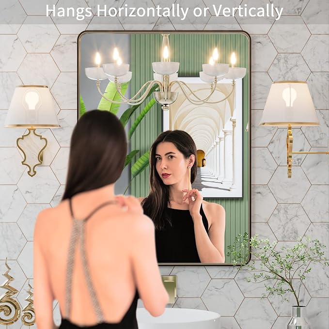 LOAAO 22”X30” Bronze Bathroom Mirrors for Vanity, Rounded Rectangle Brushed Bronze Metal Frame Mirror, Anti-Rust, Hangs Horizontally or Vertically | Rounded Rectangle, Brushed Bronze Metal Frame, Anti-Rust, Hangs Horizontally or Vertically