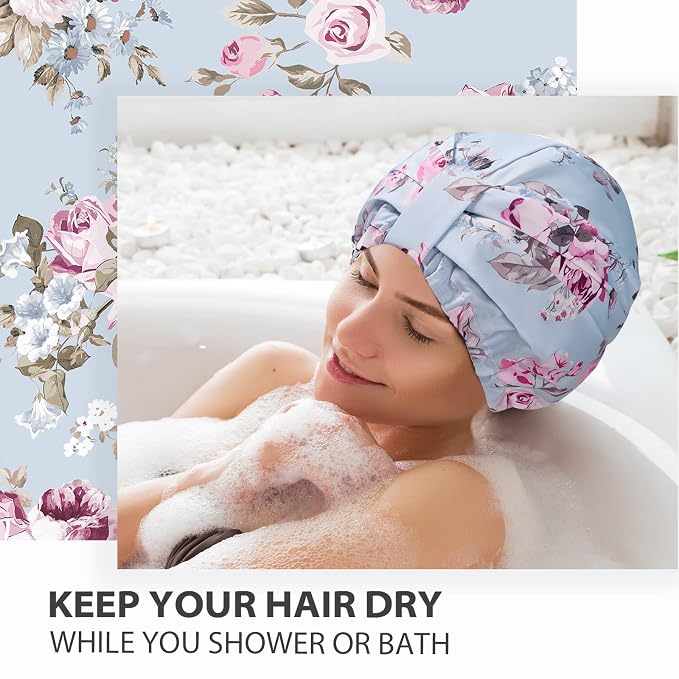 INNELO Shower Cap for Women Reusable Waterproof, Double Layer, Satin Lined | Bath Cap, Adjustable Elastic Strap, Large Size for Short Long Curly Hair, Soft Silky Lined, Anti Frizz, Shower Essentials