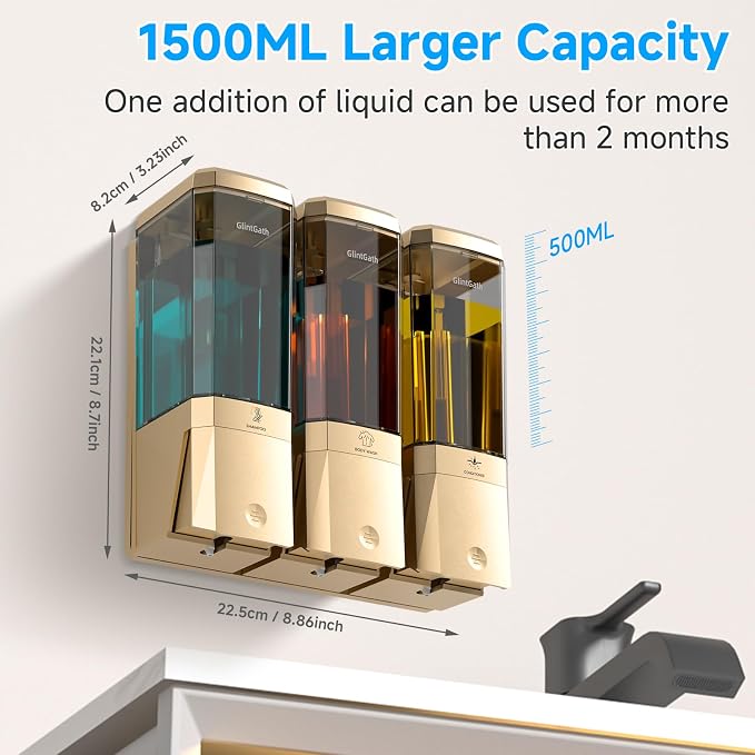 Shampoo and Conditioner Dispenser,Shower Dispenser 3 Chamber No Drill Shampoo Dispenser for Shower Wall Mounted Shower Soap Dispenser for Bathroom Hotel,Large Capacity 3 * 500ML,Gold