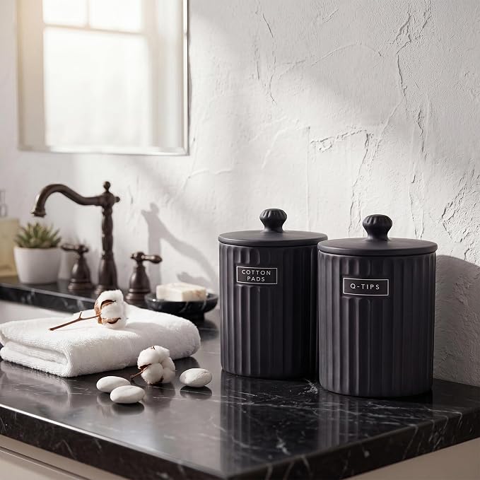 Ronasip Ceramic Bathroom Organizer and Storage Jars with Lid, 2 Pack Qtip Holder and Cotton Pad Dispenser, Apothecary Canisters for Vanity, Kitchen Countertop, Home Decor (2, Black)
