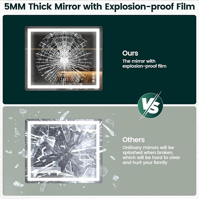 Memobarco 30" x 36" LED Bathroom Mirror with Lights, Memory Vanity Mirror | Anti-Fog, 3 Color Modes, Dimmable, Front Lit, Memory Function, Tempered Glass, Lighted Bathroom Mirror for Wall