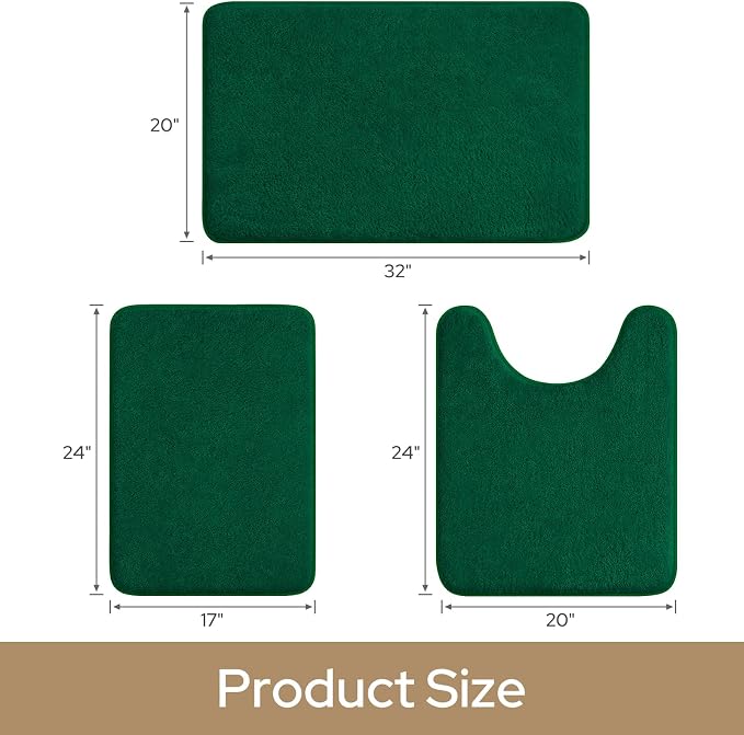 HOMEIDEAS 3 Piece Bathroom Rugs Set, Dark Green 17"x24"+20"x32"+20"x24" | Memory Foam, Ultra Soft, Super Absorbent Bath Mats, Non Slip Backing, U Shaped Toilet Rug for Bathroom, Tub and Shower