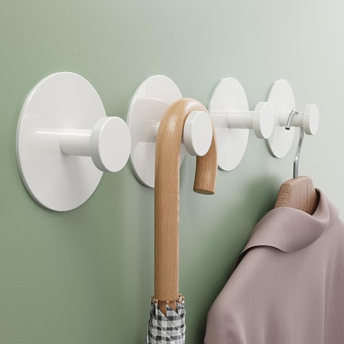 Wall Adhesive Hooks for Towel/Shower - No Damage Stick on Hanging Hook Heavy Duty for Bathroom, Door, Coat, White 6 Pack