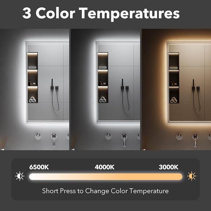 LED Mirror for Bathroom, 36"x42" Lighted Vanity Mirror with Anti-Fog, IP44 Waterproof, 3 Colors Dimmable, Backlit, Memory Function, Touch Control Wall Mount Bathroom Mirror, Horizontal/Vertical
