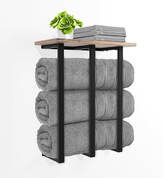 Towel Rack Wall Mounted with Shelf, Beautiful Storage for Small Bathroom, Neat Organizer for Rolled Towels, 3 Sturdy Iron Bars & Holds 25kg Weight