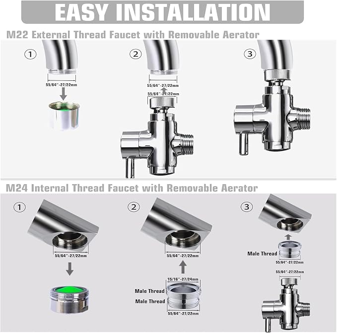 Brass Diverter Valve with Aerator, 3 Way Splitter with Male Thread Adapter, 360 Swivel Faucet Adapter for Sink Hose Attachment, Bathroom/Kitchen Faucet Connector (Chrome)