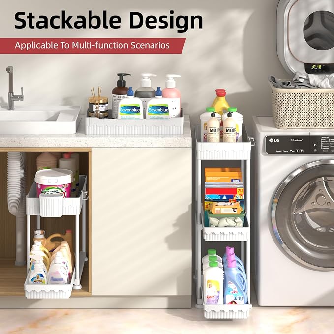 Sevenblue Under Sink Organizer, Bathroom Organizers and Storage, 2 Tier Multi-Use Pull Out Cabinet Organizer with Hang Hooks and Cups (White, 12.8 Inch)