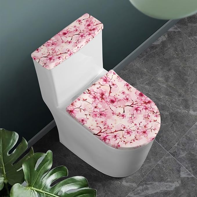 Peach Blossom Toilet Lid Covers for Bathroom Set Soft Toilet Seat Cover Set with Elastic Band Washable Elongated Home Decoration