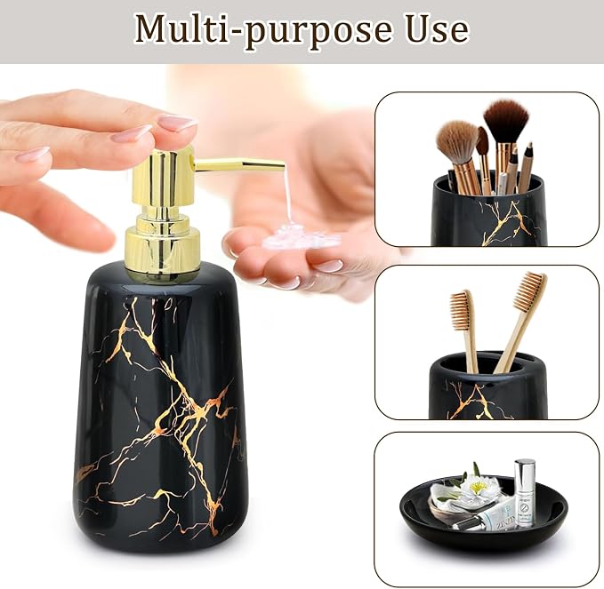 CERBIOR Bathroom Accessories Set,4 Pcs Ceramic Bathroom Accessory,Black | Includes Toothbrush Holder, Toothbrush Cup, Soap Dish for Decorative Countertop and Housewarming Gift
