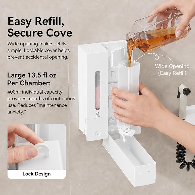 Shampoo and Conditioner Dispenser - Wall-Mounted 3-Chamber Shower Soap Dispenser, No-Drill, 1200ML Capacity, for Bathroom & Hotel