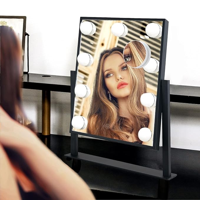 BWLLNI Vanity Mirror with Lights, Black Makeup Mirror with 9 LED Bulbs | Hollywood Mirror Touch Control Design 3 Colors Dimmable Bulbs Detachable 10X Magnification 360°Rotation