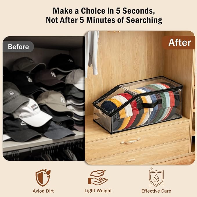 Foldable Clear Baseball Cap Storage Organizer – Stackable Transparent Hat Display Case with Zipper Closure 2PCS– Space-Saving Protective Unit for Baseball Caps & Accessories Black Trim