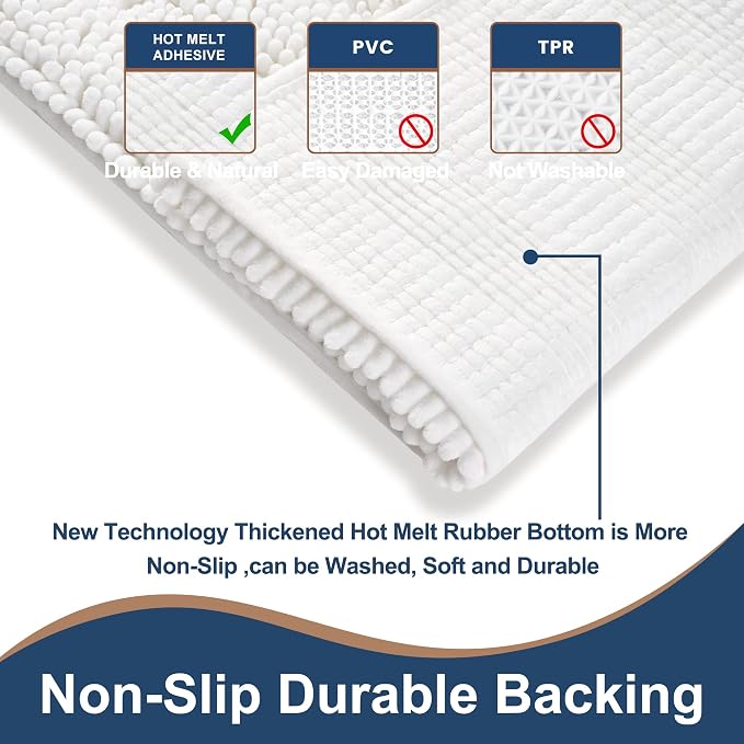 Non Slip Thick Shaggy Chenille Bathroom Rug Sets 2 Piece, Thickened Hot Melt Rubber Bottom Bath Mats for Bathroom, Bath Rugs Quick Dry Machine Washable for Shower (White, 47"x17" Plus 17"x24")