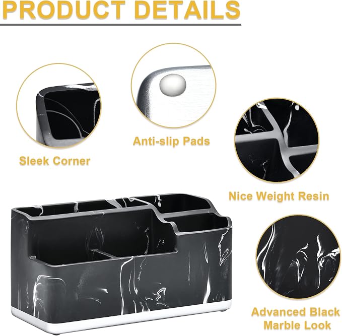 VITVITI Toothbrush Holders for Bathroom, Bathroom Organizer Countertop, 5 Compartment Bathroom Accessories Storage for Toothpaste/Vanity Counter/Sink, Black Resin of Marble Color