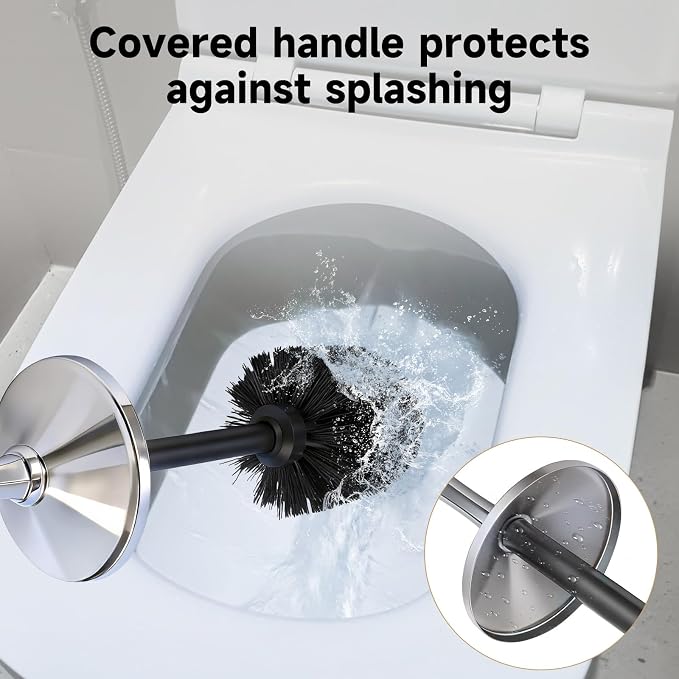 Silver Toilet Brush and Holder，Extra Long Handled Toilet Brush for Bathroom，Stainless Steel Heavy Duty Toilet Bowl Brush,Deep Cleaning Modern Toilet Cleaner Brush -Space Saving, Covered Brush