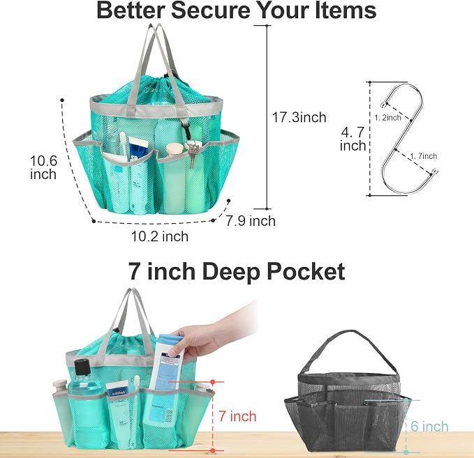 F-color Mesh Shower Caddy Portable with Drawstring - Large 8 Pockets Dorm Room Essentials for Guys Girls with S Hook, Shower Bag Basket Tote for College Camping Gym Travel Bathroom, Mint Green