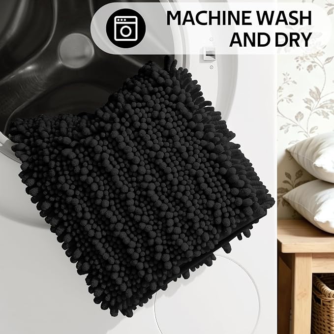ACCUMTEK Upgrade Luxury 2 Piece Black Toilet Bathroom Rug Mat 60"x20"+32"x20", Ultra Soft Thick Absorbent Bath Mats, Non Slip Chenille Toilet Mat for Bathroom, Bedroom, Kitchen, Shower, Tub