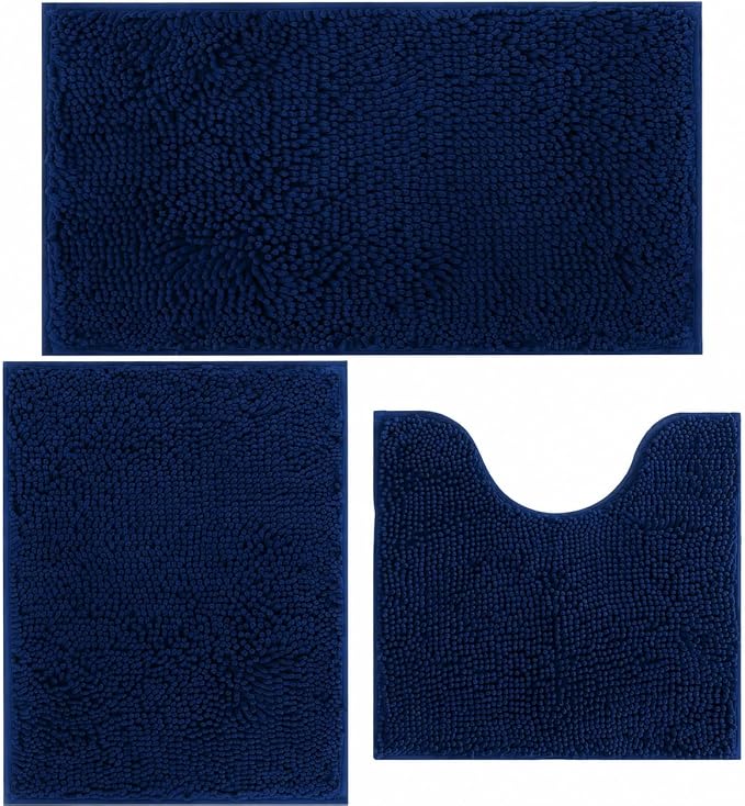 Bathroom Rugs Chenille Bath mat 3 Piece Set, Super Absorbent, Strong PVC Non Slip Backing, Bath mats for Bathroom, Plush Shaggy, Thick, Machine Washable, Bathtub, Toilet, Navy Blue