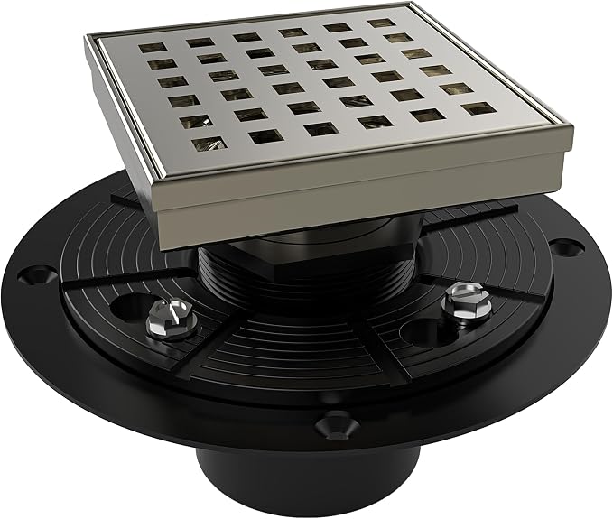 WEBANG 4 Inch Square Shower Drain Nickel Floor Drain with Flange Square Holes Pattern Cover Grate Removable SUS304 Stainless Steel Watermark&CUPC Certified Brushed Nickel