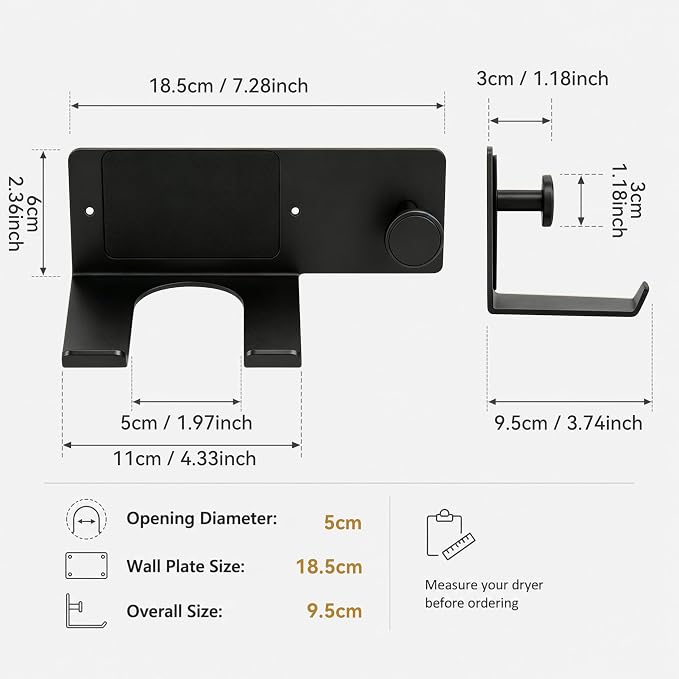 BVL Matte Black Hair Dryer Holder Wall Mount, Aluminum Blow Dryer Rack with Protective Contact Pad, Adhesive Pad & Screws Included, Renter Friendly Bathroom Organizer