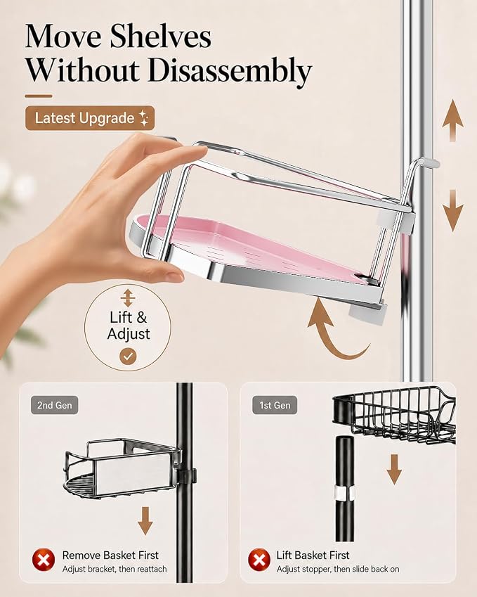 ALLZONE Corner Shower Caddy Tension Pole, 4 Hang-On Basket with Mixed-Height Shelves for Various Bottle Sizes, Extra Hooks & Soap Holder, Rustproof Stainless Steel, Fits 34–116 Inch, Silver/Pink