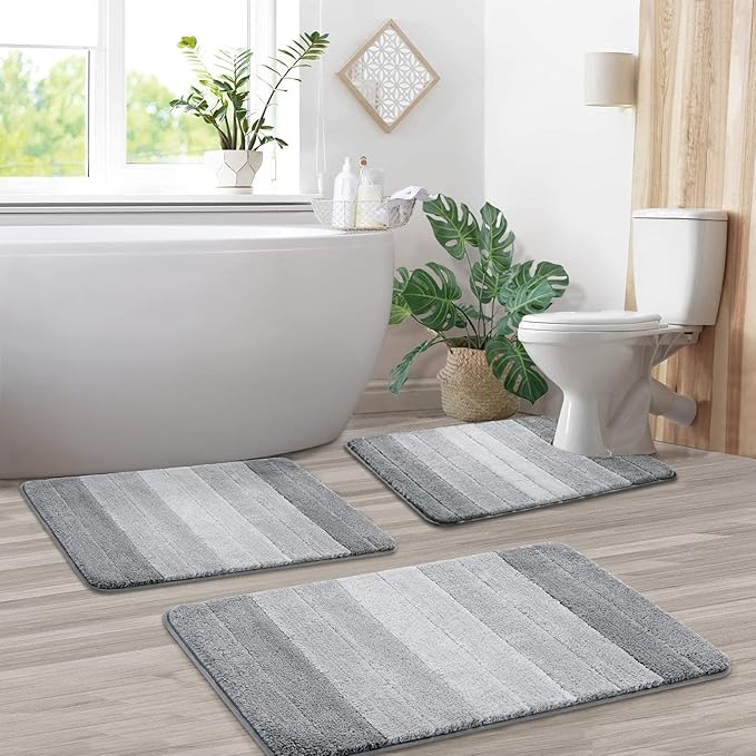 3 Pcs Ombre Bath Mat Set for Bathroom, Non Slip Ultra Soft and Thick Water Absorbent Bath Carpet, Machine Washable & Quick Dry Bathroom Rug, for Bedroom Door Living Room,Grey