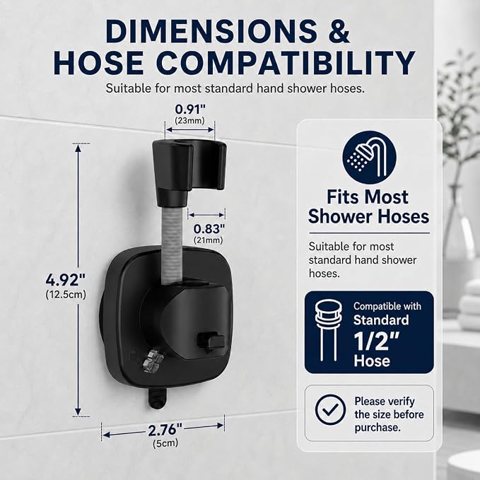 Black Shower Head Holder, Suction Cup Handheld Shower Holder, No Drill Adjustable Shower Wand Bracket with Lever Lock Removable Holder for Smooth Tile Glass Marble Metal Fits Most 1/2" Hoses