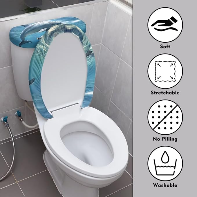 Sea Dolphin Toilet Seat Cover and Toilet Tank Cover Replacement Washable Soft Protective Decor Novelty Bathroom Accessory Set