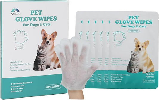 Pet Glove Wipes - No-Rinse Dog Grooming Wipes & Cat Bath Gloves | Unscented Hypoallergenic Dog Wipes, [6] Ct