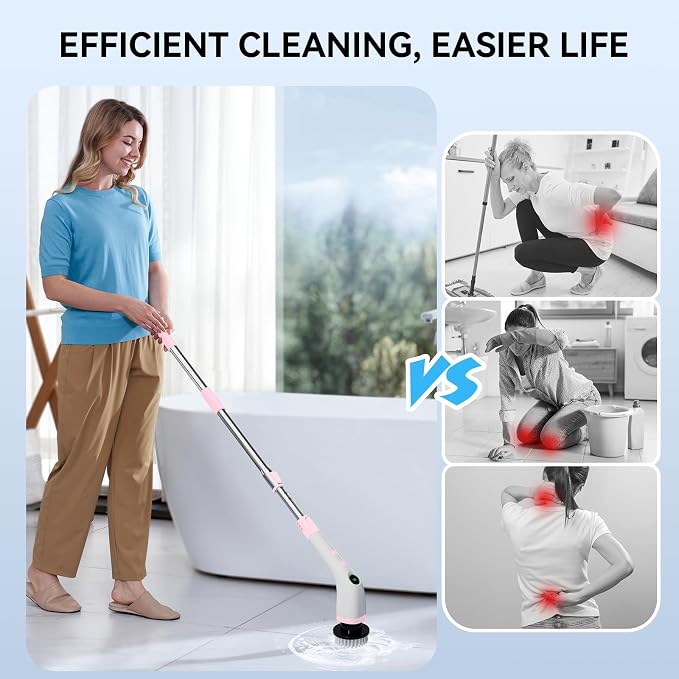 Electric Bathroom Cleaning Brush Cordless Shower Scrubber SD-CTB01 | Spin Scrubber Full Body Waterproof IPX7 with Adjustable Handle, 8 Replaceable Brush Heads for Bathtub/Kitchen/Window/Home