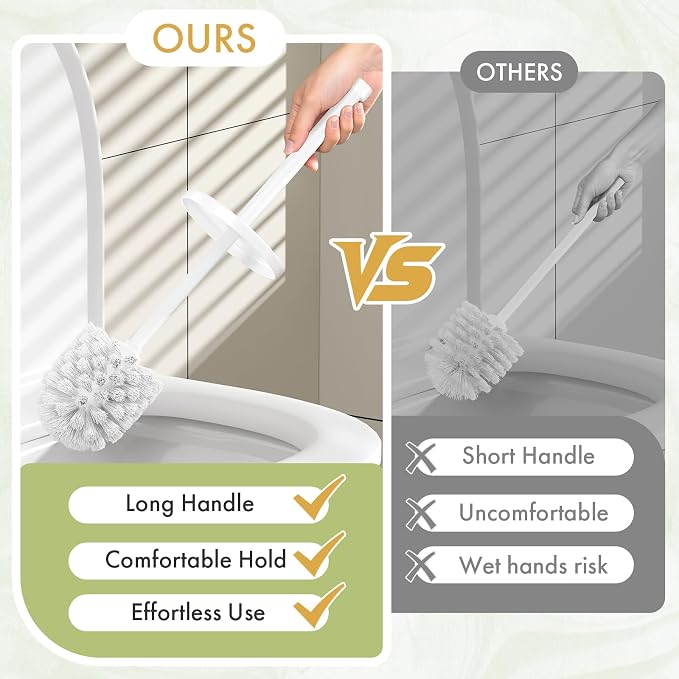 Toilet Bowl Brush and Holder Set 3 Pack with 6 Extra Brush Heads (White) | Extra Long Handle with Splash Guard Cover, Tool-Free Installation, Bathroom Space-Saving, Cleaner Sets for Apartments, RV