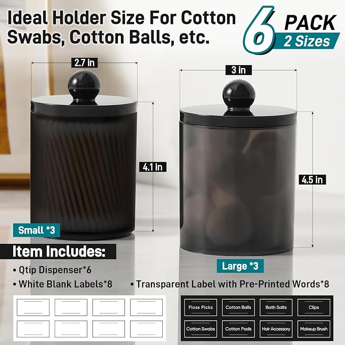 6 Pack Acrylic Qtip Holder Dispenser for Cotton Swabs, Balls, Floss Picks | Thick, Clear Black, w/ Labels - Small Canister Apothecary Jar Set, Bathroom Decor Essentials, Shelf Vanity Storage Organizer