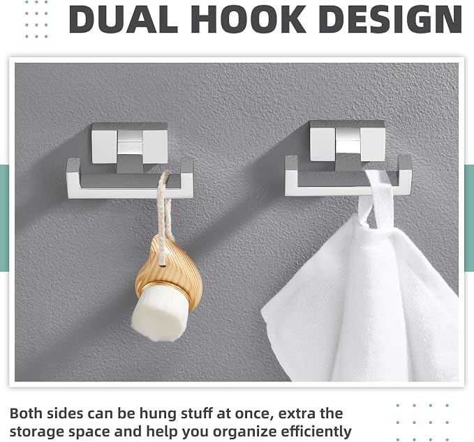 APLusee Double Robe Towel Hook Polished Chrome 2 Pack, 304 Stainless Steel Square Towel Hanger, Minimalist Coat Holder for Modern Bathroom Washroom