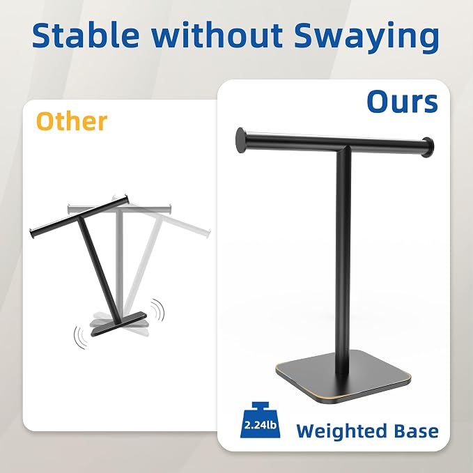 RUACQ T-Shape Hand Towel Holder Stand, 12inch Weighted Base Towel Rack, Countertop Towel Holder for Bathroom, 304 Stainless Steel, Heavy Duty (Matte Black)