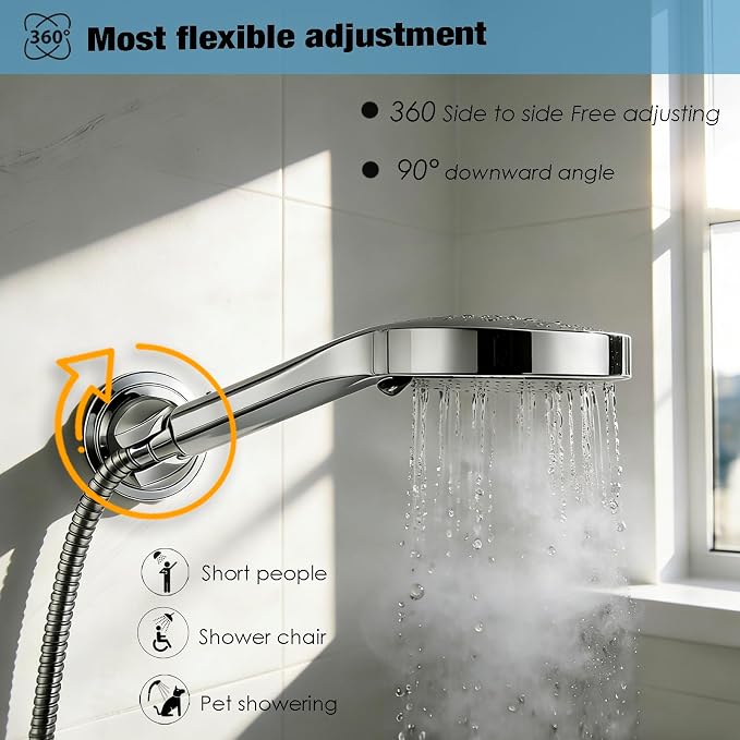 Handheld Shower Head Holder Suction Cup - Relocatable - Wide Angles Adjustable - 90° Downward - Bathroom Wall Mount Shower Wand Holder (Polished Chrome)